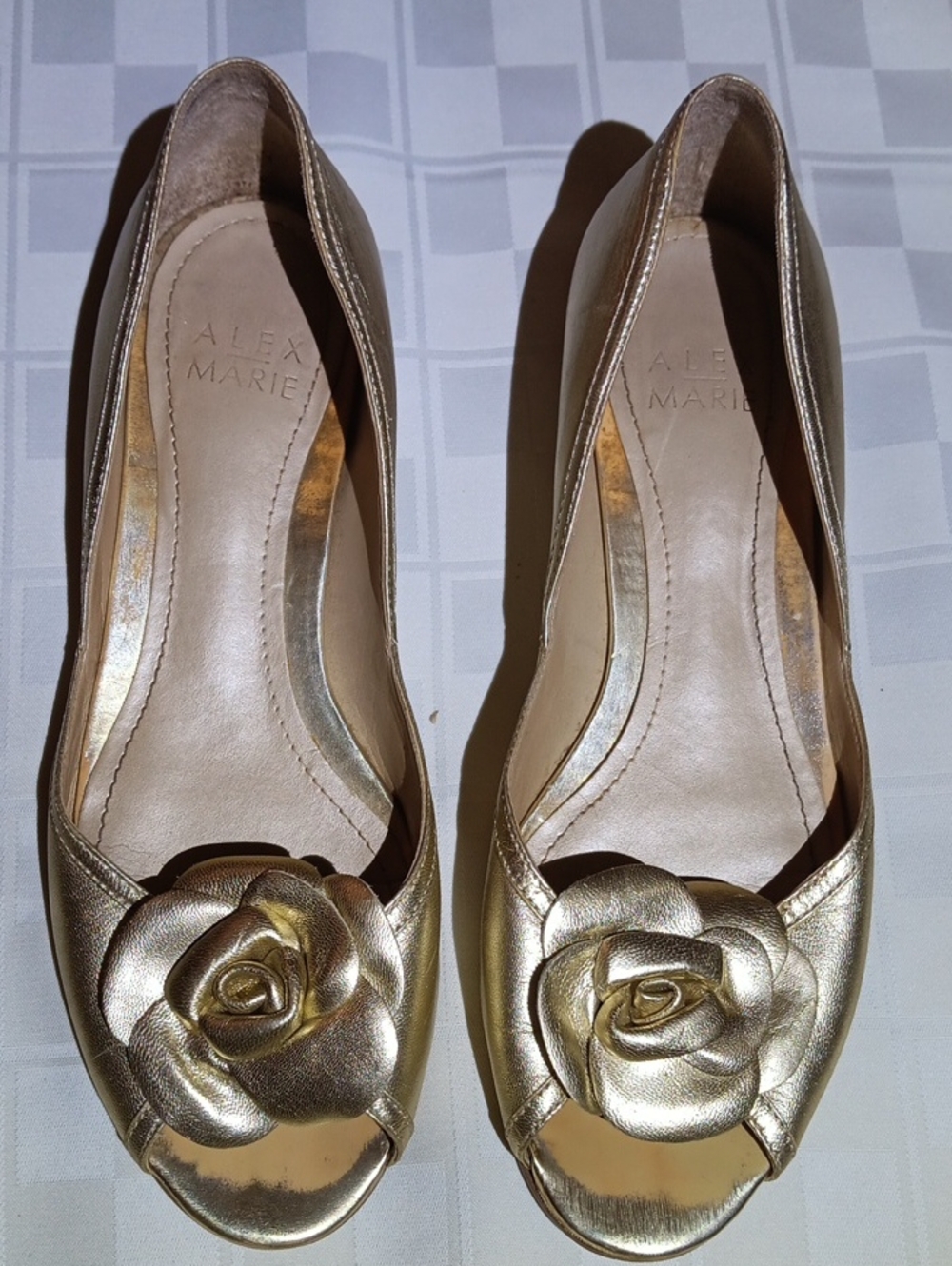 Alex Marie Gold Peep-Toe Heels with Rosette Accent